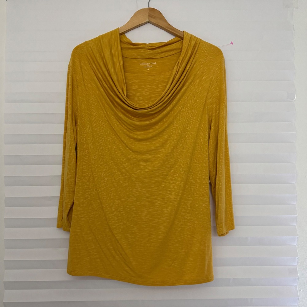 Coldwater Creek Mustard Yellow Cowl Neck Slub Knit Top 3/4 Sleeve L 14 NEW